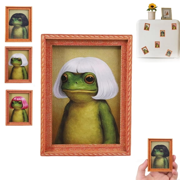 3PC Funny Frog Magnet, Vintage Frog Art Refrigerator Magnet with Bob Haircut, Cute Wooden Oil Paint Toad Decor with a Wood Picture Frame for Refrigerator, Locker, Office