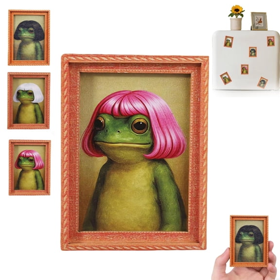 3PC Funny Frog Magnet, Vintage Frog Art Refrigerator Magnet with Bob Haircut, Cute Wooden Oil Paint Toad Decor with a Wood Picture Frame for Refrigerator, Locker, Office
