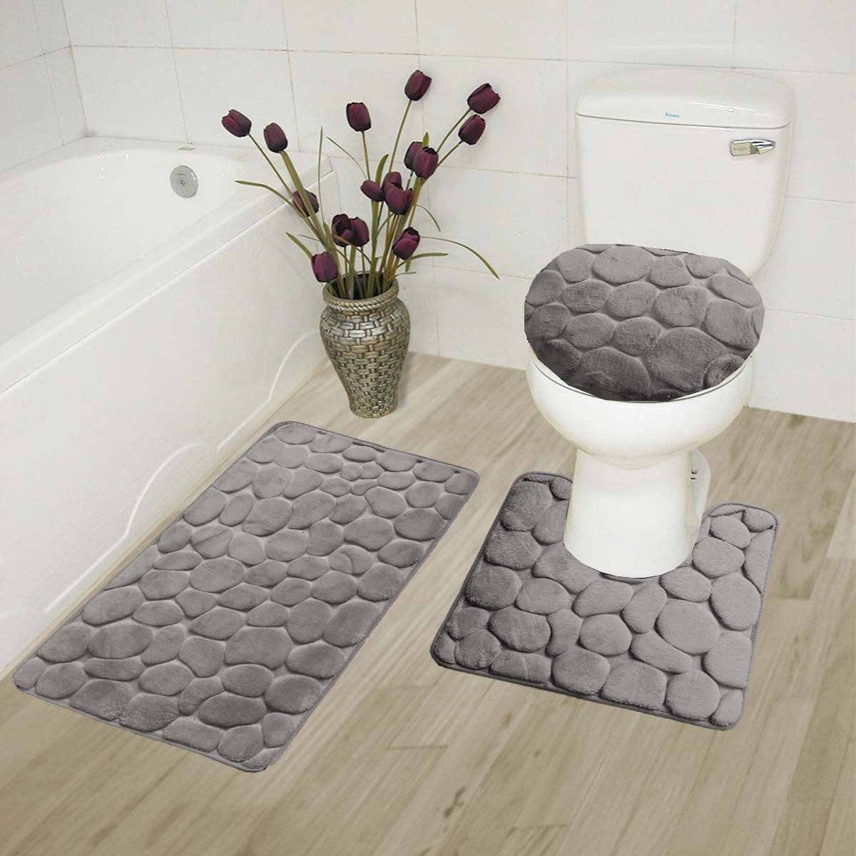 New Anti-slip Bath Mats,3 Piece Bathroom Mats Contour Bathroom Mat Set Carpet  Toilet Wc(red)