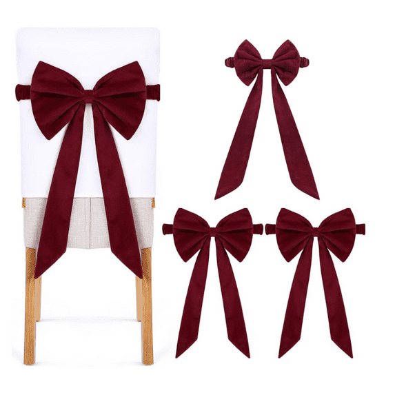 3PC Giant Chair Christmas Red Chair Bows Oversized Burgundy Velvet Sashes Chairs Bows for Christmas Banquet Home Wedding Events Holiday Event Decor Banquets Party 29.5 in