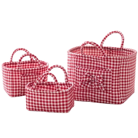3PC Gingham Storage Baskets with Handles, Fabric Storage Basket Set for Organizing Books Towels Clothes Closet Shelf, Farmhouse Plaid Bins for Office