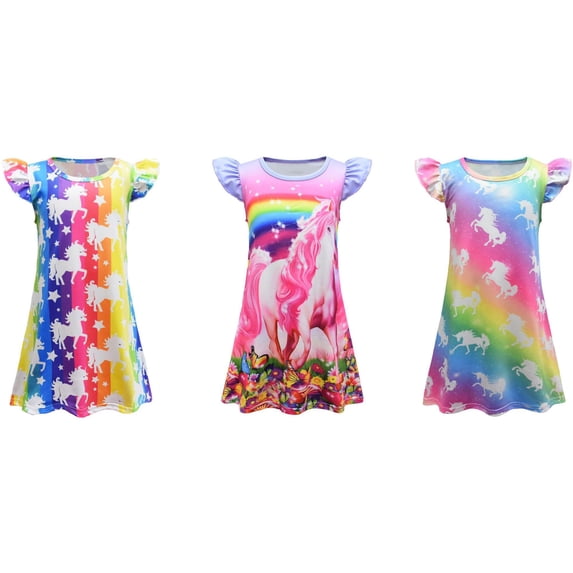 3PC Girls Nightgowns Rainbow Cartoon Sleepwear Pajamas, Little Girls 3-8 Years