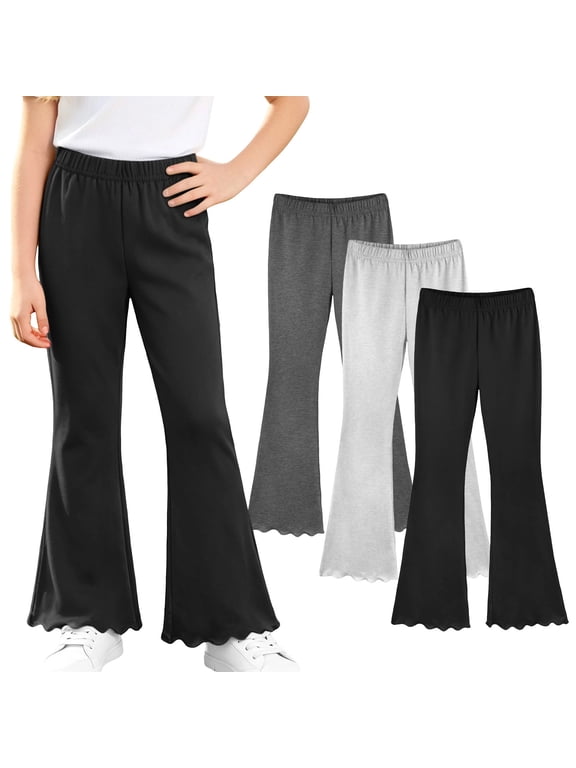 3PC Girls Ruffle Flared Trousers Fashion Stretchy Waisted Pants for Tween Junior Dance Activewear Cozy Outdoor Base Layer Leggings 3-14Years ,Black ,3-4 Years