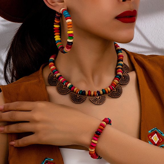 3PC Gold and multi colored wood bead necklace, bracelet and hoop earrings