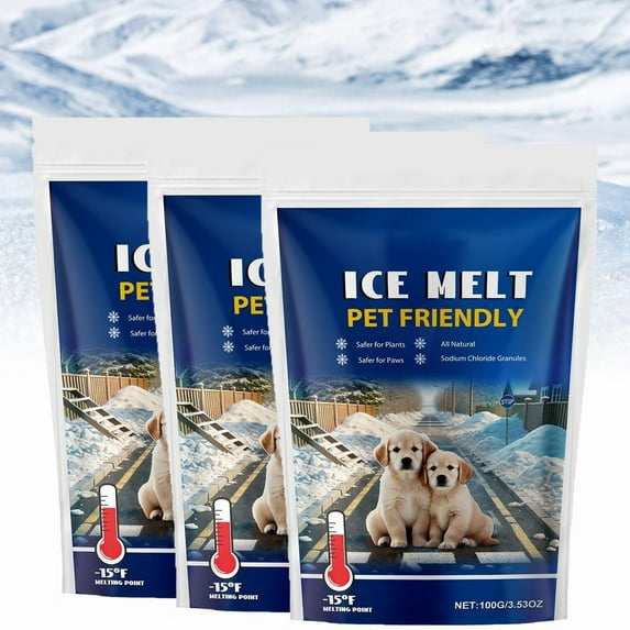 3PC Ice Melt Pet Friendly Ice and Snow Melter, Plant and Concrete Friendly, Fast Acting, for Concrete, Wood Decks, Driveways & Sidewalks