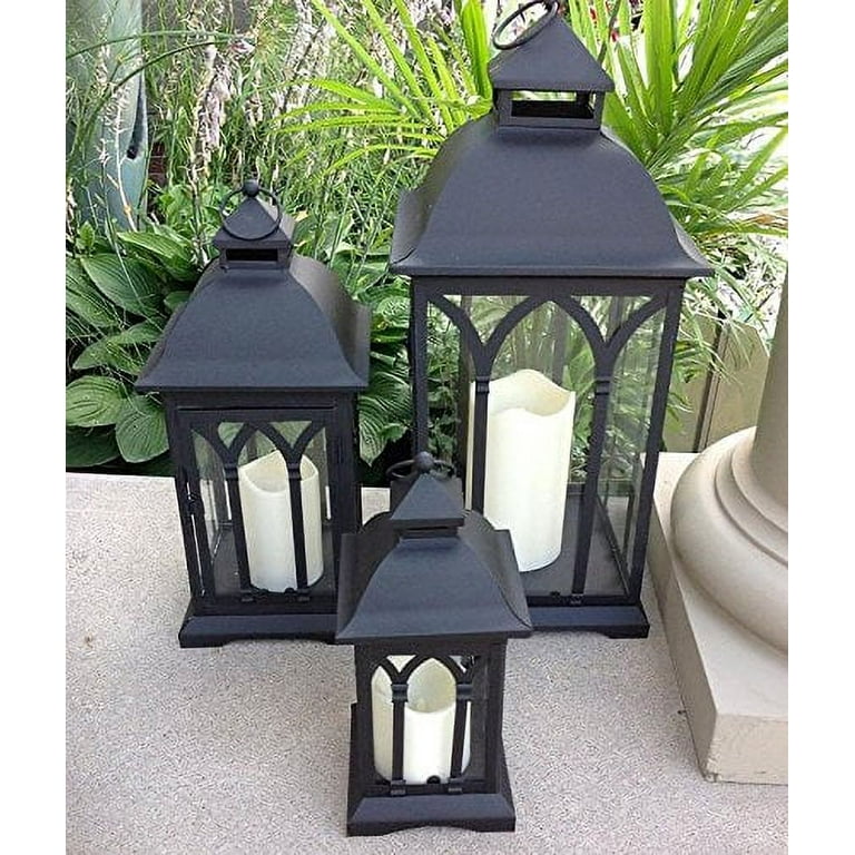 3PC Indoor/Outdoor Black Powder-Coated Steel and Tempered Glass Lanterns 3PC Indoor/Outdoor Black Powder-Coated Steel and Tempered Glass Lanterns