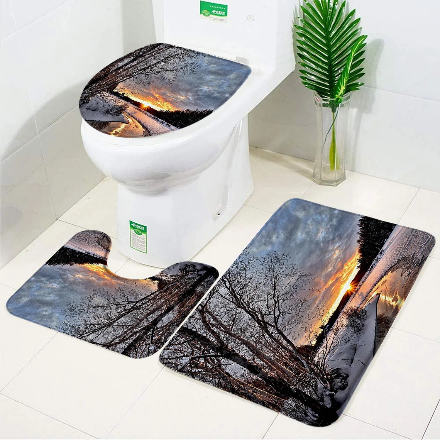 3PC Japan Landscape Sakura Tree Bath Mat Set Drum Tower Mount Fuji