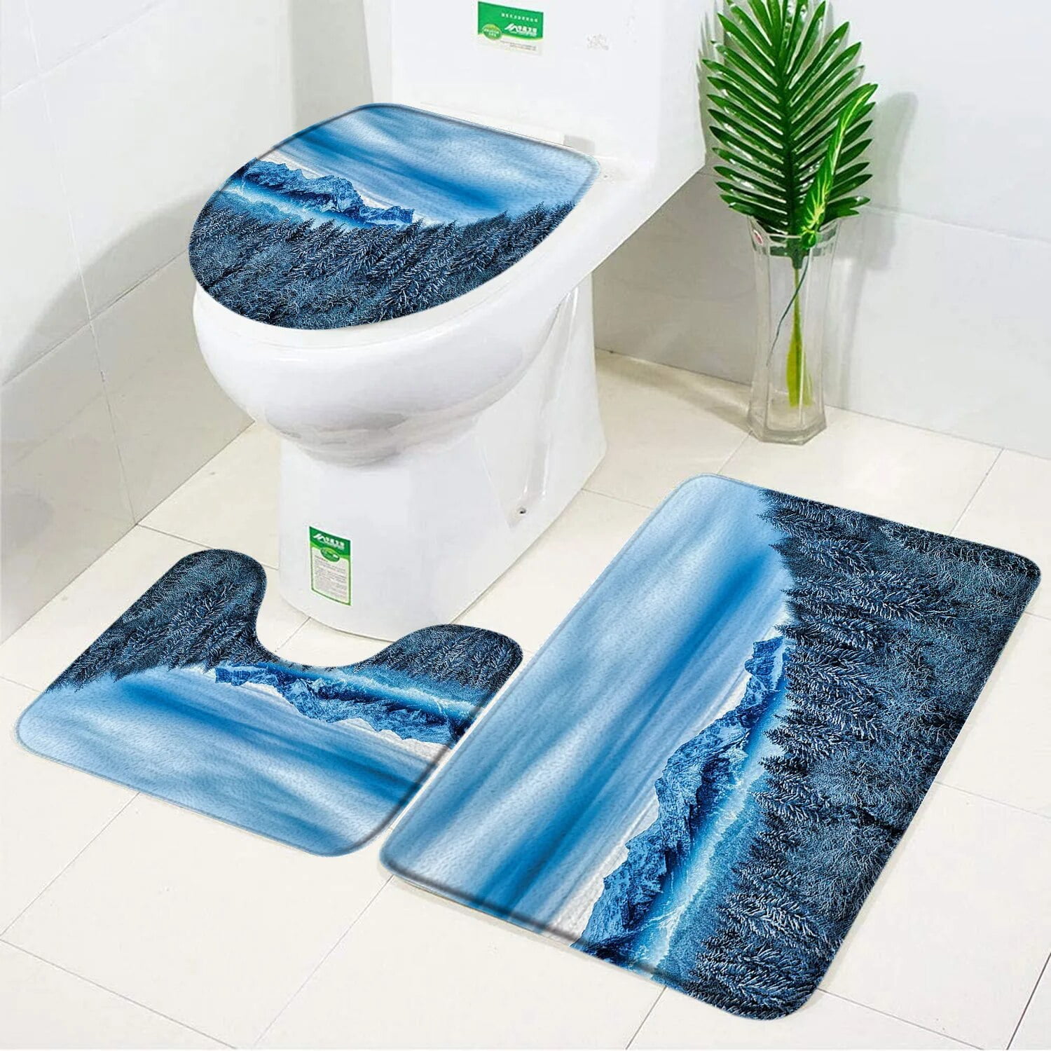 3PC Japan Landscape Sakura Tree Bath Mat Set Drum Tower Mount Fuji