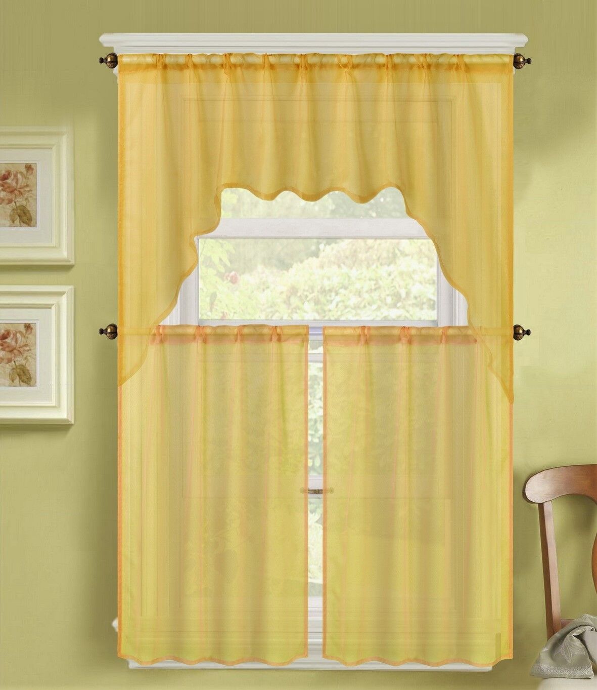 3PC (K66) SOLID VOILE SHEER KITCHEN WINDOW CURTAIN 2 TIERS + 1 SWAG