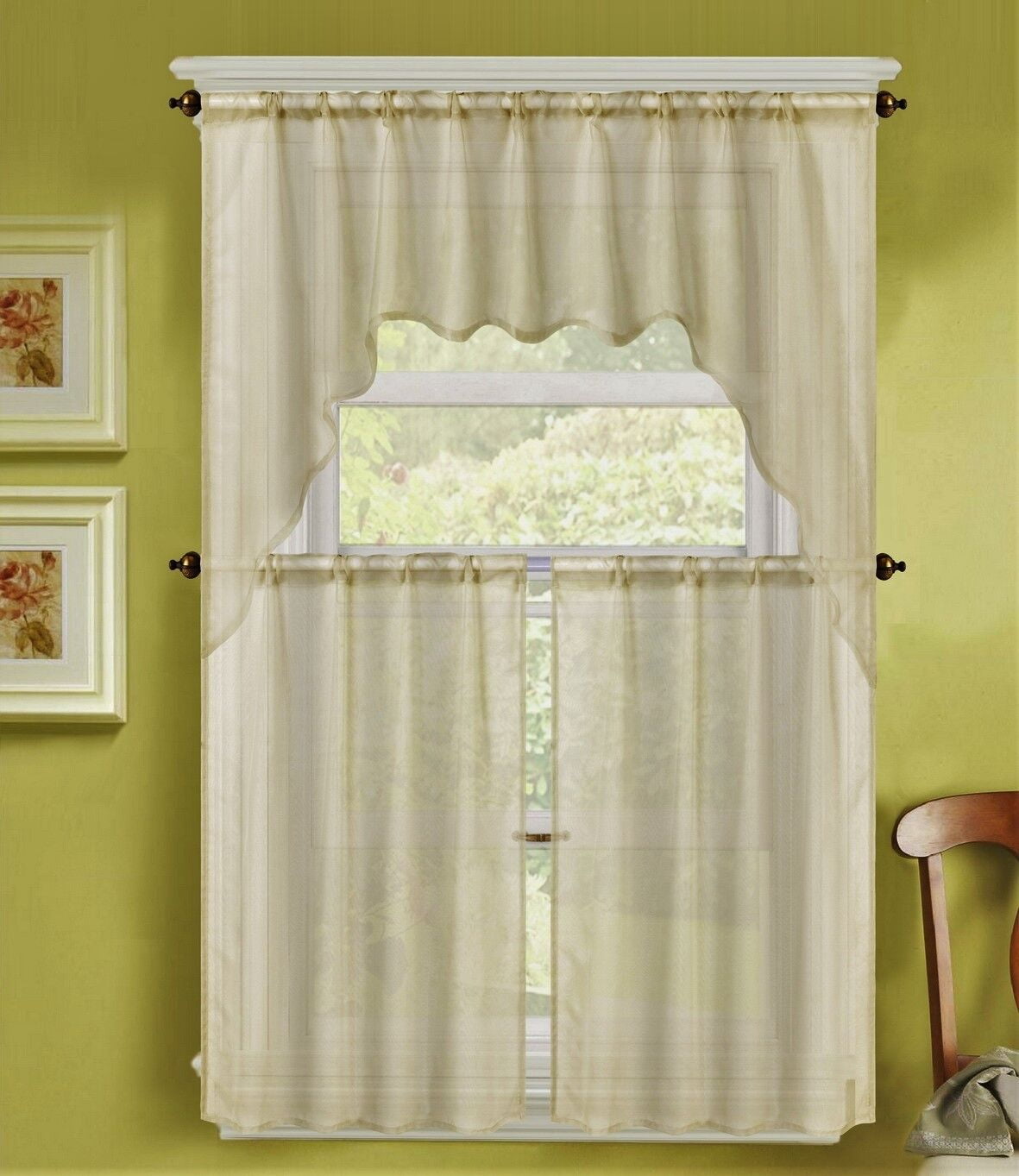 3PC (K66) SOLID VOILE SHEER KITCHEN WINDOW CURTAIN 2 TIERS + 1 SWAG