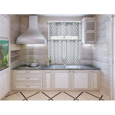 3PC KITCHEN PRINTED 2 TONE VOILE SHEER WINDOW CURTAIN VALANCE AND TIER PANEL