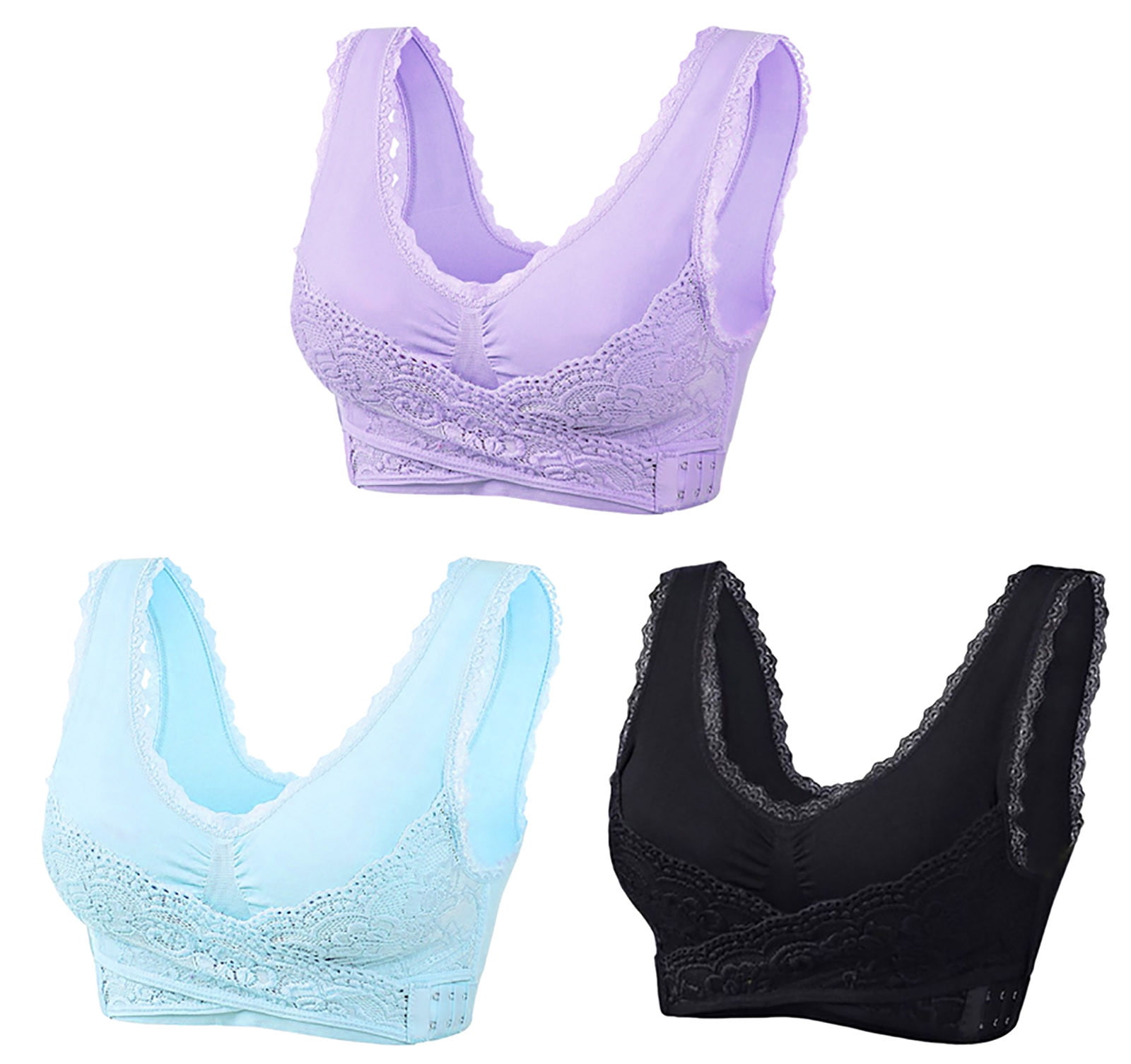 3pcs/set Plus Size Lace Bra Push Up Bralette Brassiere Bras for Women Solid  Color Cross Side Buckle Underwear Women Sleep Bra