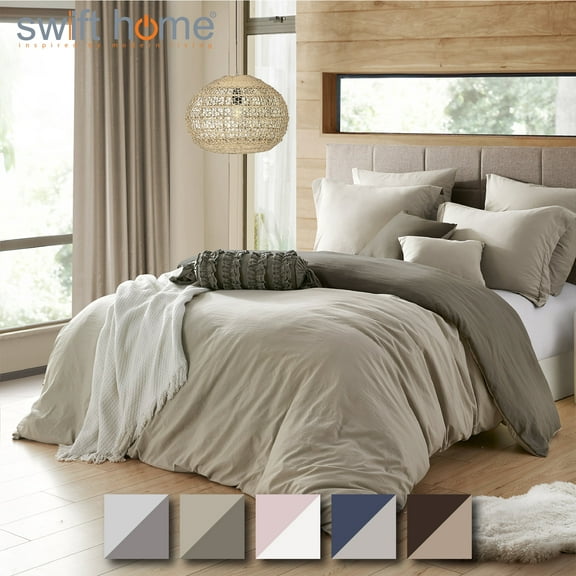 Swift Home 3PC Reversible Lightweight Duvet Cover & Sham Set, Khaki/Driftwood, Full/Queen