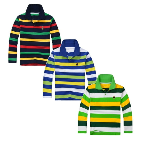 3PC Kids Polo Shirts Boys 3-4 Years Long Sleeve Striped Shirt Button Closure School Uniform Tee Big Boys Cotton Breathable Fabric Polo Rugby Shirt Tops