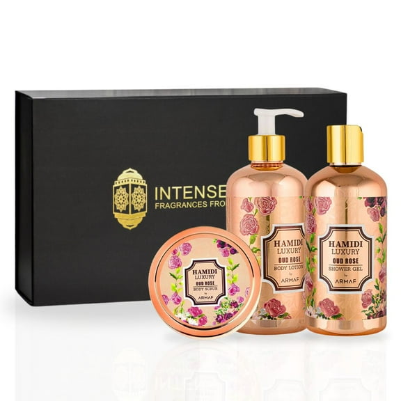 3PC LUXURY OUD ROSE - Bath & Body Magnetic Gift Set Box By Hamidi | Ultra Moisturizing, Skin-Nourishing, Naturally Derived Ingredients. (Pack Of 4)