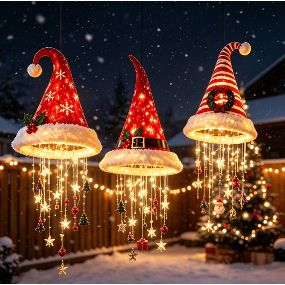 3PC Lighted Santa Hat Hanging Chandelier, Pre Lit Christmas Santa Hat Decor with Warm LED Lights and Hanging Holiday Charms, Indoor Outdoor Covered Decor