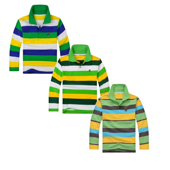 3PC Little Boys Polo T Shirts 13-14 Years Long Sleeve Striped Shirt Button Closure School Uniform Tee Big Boys Cotton Breathable Fabric Polo Rugby Shirt Tops