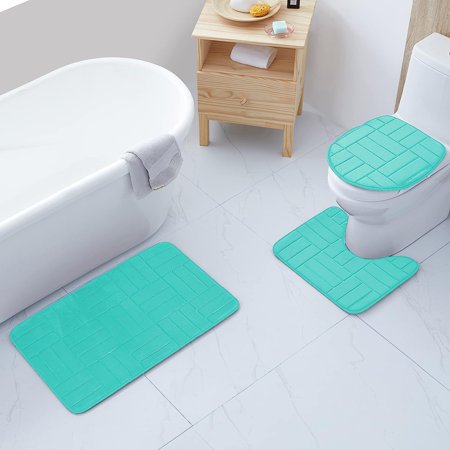 3PC Memory Foam Bath Mats Soft Plush Stripe Design Anti-Slip Shower Bathroom Toilet Lid Cover Rugs (Stripe Aqua)