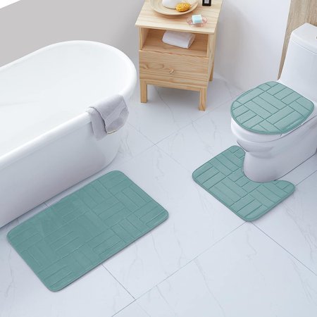 3PC Memory Foam Bath Mats Soft Plush Stripe Design Anti-Slip Shower Bathroom Toilet Lid Cover Rugs (Stripe Dusty Blue)