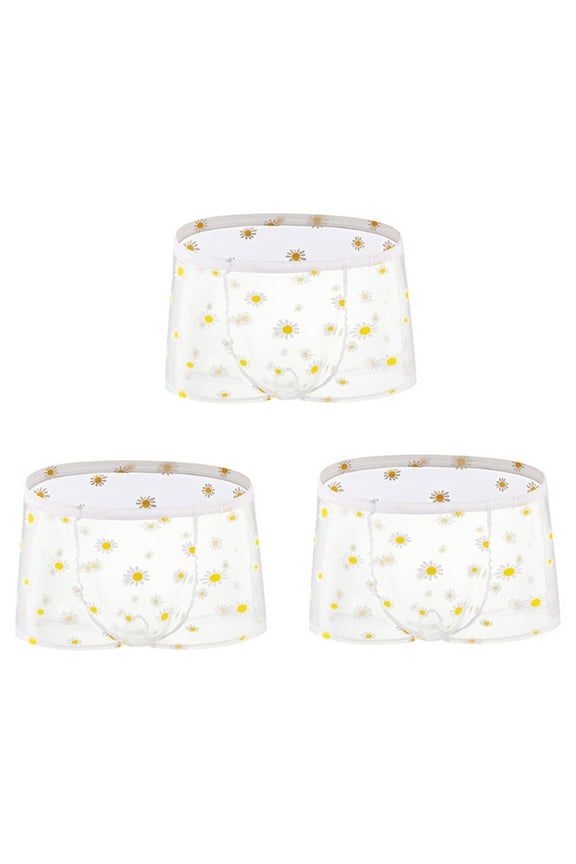 3PC Men's Ice Silk Boxer Briefs Sexy Transparent Mesh Daisy Print Breathable Moisture-Wicking Bulge Enhancing Lingerie for Men