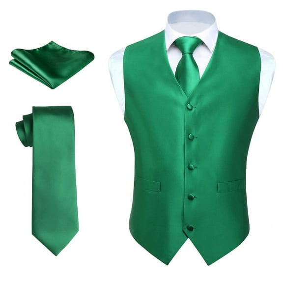 Mens Suit Dress Vest Green Tie Handkerchief Vests Set Slim Fit Formal Wedding Tuxedo Waistcoat 3PCS
