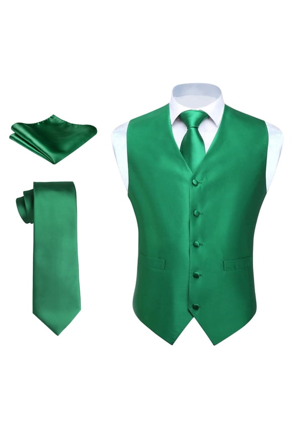 Mens Suit Dress Vest Green Tie Handkerchief Vests Set Slim Fit Formal Wedding Tuxedo Waistcoat 3PCS