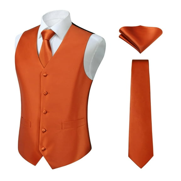 Men's Solid Suit Vest Necktie Handkerchief Waistcoat Sets Formal Dress Vests 3PCS for Wedding Party