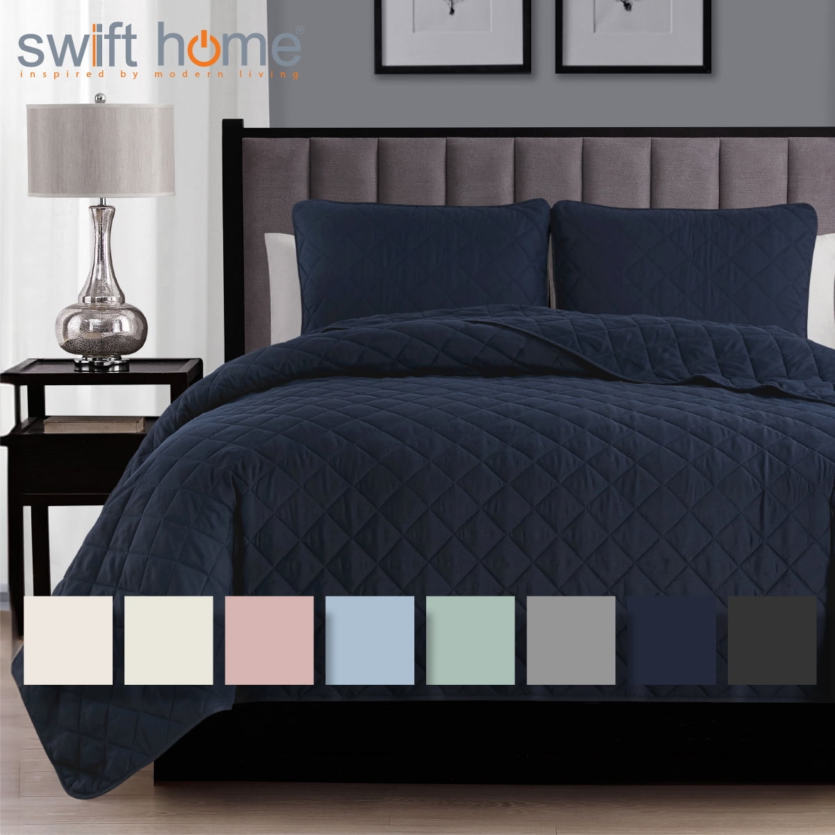 Navy Full Microfiber Diamond-Stitched Reversible Quilt Set