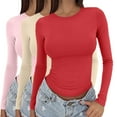 thumbnail image 1 of 3PC Outfmvch Basic Tops for Woman Fall Basics for Women Y2k Clothes Women Compression Long Sleeve Women 3 Pieces Y2k Basic Long Sleeve Top Round Neck Crop Blouse Streetwear # Pink+beige+red S, 1 of 7