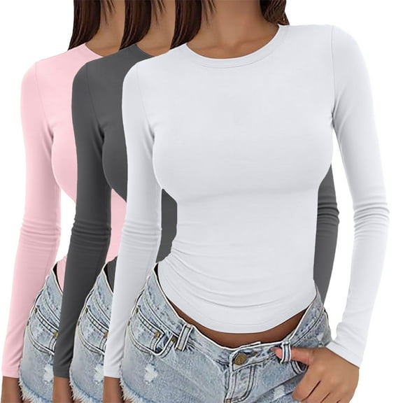 3PC Outfmvch Y2k Clothes Women Going Out Tops Basic Tops for Woman Fall Basics 3 Pieces Women Y2k Basic Long Sleeve Top Slim Tee Round Neck Crop Blouse Aesthetic Streetwear # Pink gray white S