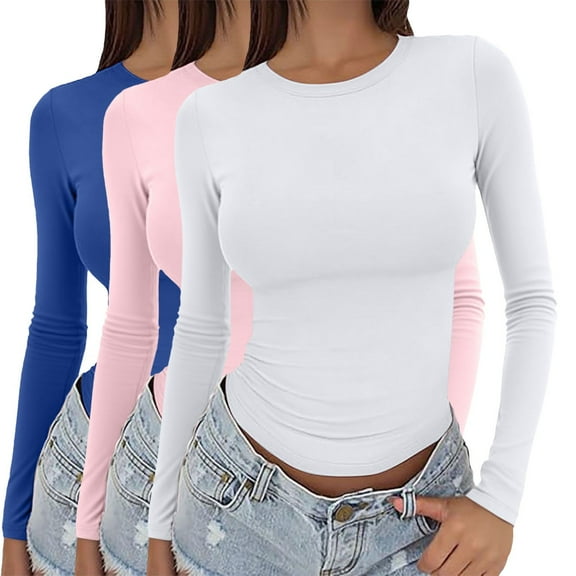 3PC Outfmvch Y2k Clothes Women Long Sleeve T Shirts Fitted Tops for Women Boho Tops for Women 3 Pieces Y2k Basic Long Sleeve Top Slim Tee Round Neck Crop Blouse Streetwear # Blue pink white Xs