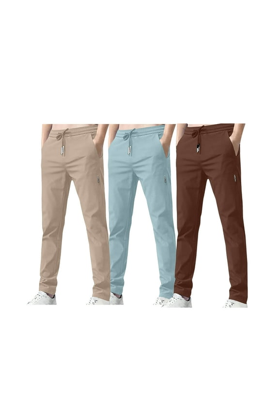 3PC Pack Pants For Men Solid Color Pockets Athletic Long Trousers Drawstring Elastic Waist Comfort Pants Leisure