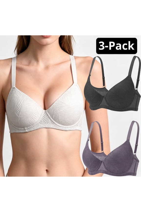 Women's 3-Pack Underwire Push Up Bra Set with Independent Dual U-Wire Support, Lace Bralette, Black White Mauve, 32B-40C