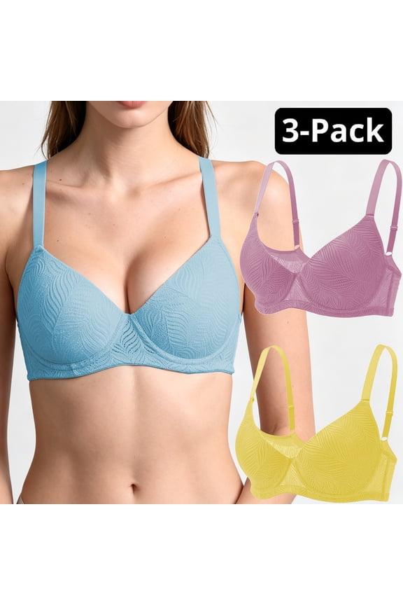 Women's Bra 3-Pack Set, Elegant Jacquard Cups, Underwire Support, Breathable Mesh Wings, Vibrant Dopamine Colors Yellow Pink Blue 32B-40C