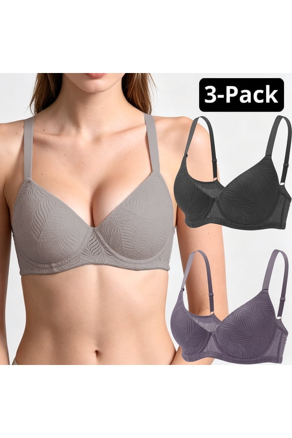 Women's Bra 3-Pack Set, Elegant Jacquard Cups, Underwire Support, Breathable Mesh Wings, Classic Neutrals Elegant Bean Paste 32B-40C