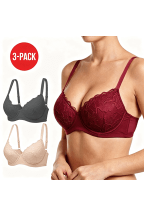 Women's 3 Pack Push-Up Bras, Underwire Padded Full Coverage Bra, Soft Floral Lace Lift Everyday Bra for Women B C D Cup, Wine/Nude/Black