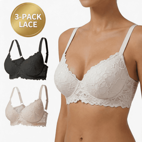 Women's 3Pack Push-Up Bras, Underwire Padded Full Coverage Bra, Soft Floral Lace Lift Everyday Bra for Women B C D Cup, Black/White/Nude
