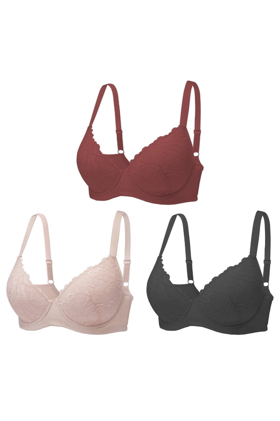 Women's 3 Pack Push-Up Bras, Underwire Padded Full Coverage Bra, Soft Floral Lace Lift Everyday Bra for Women B C D Cup, Wine/Nude/Black