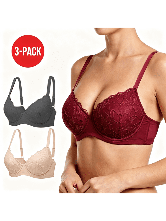 Women's 3 Pack Push-Up Bras, Underwire Padded Full Coverage Bra, Soft Floral Lace Lift Everyday Bra for Women B C D Cup, Wine/Nude/Black