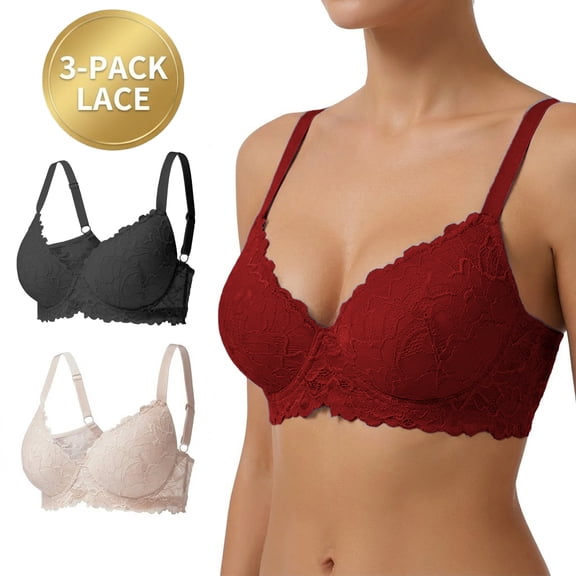 Women's 3 Pack Longline Push-Up Bras, Underwire Padded Lace Bralette with Floral Hem, Full Coverage Lift Bra B C D Cup, Wine/Black/White