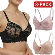 Womens Push-Up Lace Bra 3-Pack, No-Slip Adjustable Straps, Smooth Padded Cups, Dual U-Wire Lift Bra for Everyday, Multipack