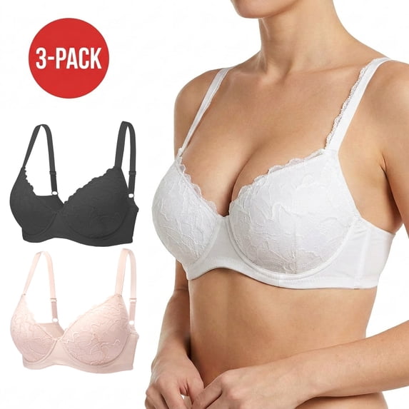 Women's 3Pack Push-Up Bras, Underwire Padded Full Coverage Bra, Soft Floral Lace Lift Everyday Bra for Women B C D Cup, Black/White/Nude