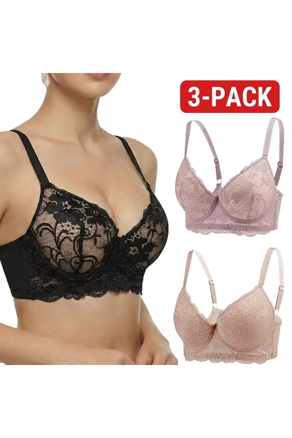 Women's Push-Up Lace Bra 3-Pack, No-Slip Adjustable Straps, Smooth Padded Cups, Dual U-Wire Lift Bra for Everyday, Multipack