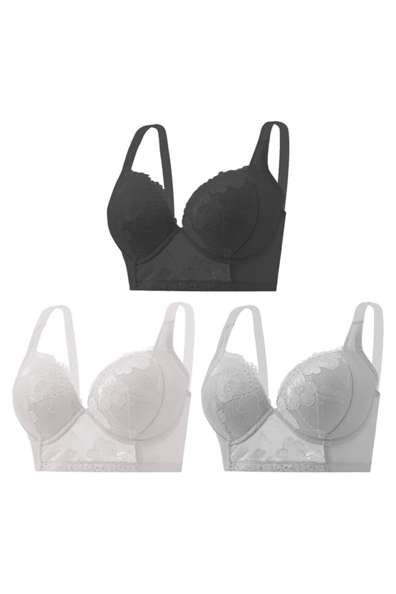 Women's 3 Pack Push-Up Bras, Underwire Padded Full Coverage Bra, Floral Lace Detail Lift Everyday Bra for Women B C D Cup, Black/White/Gray
