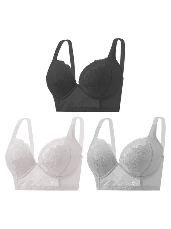 Women's 3 Pack Push-Up Bras, Underwire Padded Full Coverage Bra, Floral Lace Detail Lift Everyday Bra for Women B C D Cup, Black/White/Gray