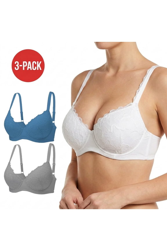 Women's 3-Pack Lace-Overlay Push-Up T-Shirt Bra, Dual U-Wire Support with Soft Gore, 4-Row 3-Column Back Closure