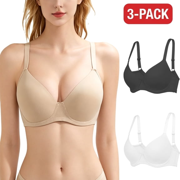 Women's 3-Pack Soft Underwire Bra, 3/4 Cup Everyday T-Shirt Bra with Push-Up Support