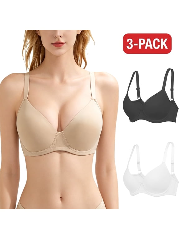 Women's 3-Pack Soft Underwire Bra, 3/4 Cup Everyday T-Shirt Bra with Push-Up Support