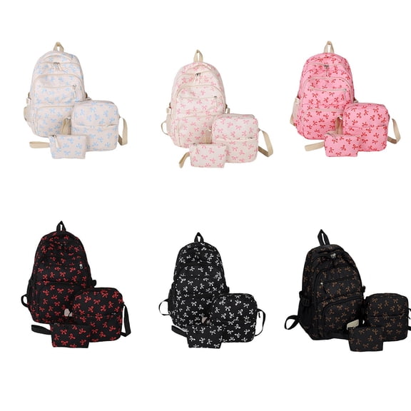 3PC Pink Bow Backpack Set - Cute Kawaii Preppy Coquette Nylon Rucksack for Laptop & Daily Use(Red)