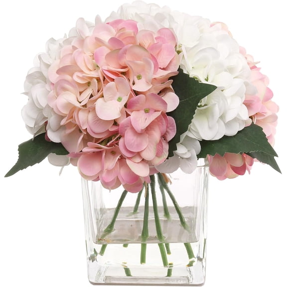 3PC Pink and White 10-Inch Diameter Hydrangea Stem Set in Vase Artificial Silk Flower Arrangement for Home, Office, and Event Dcor